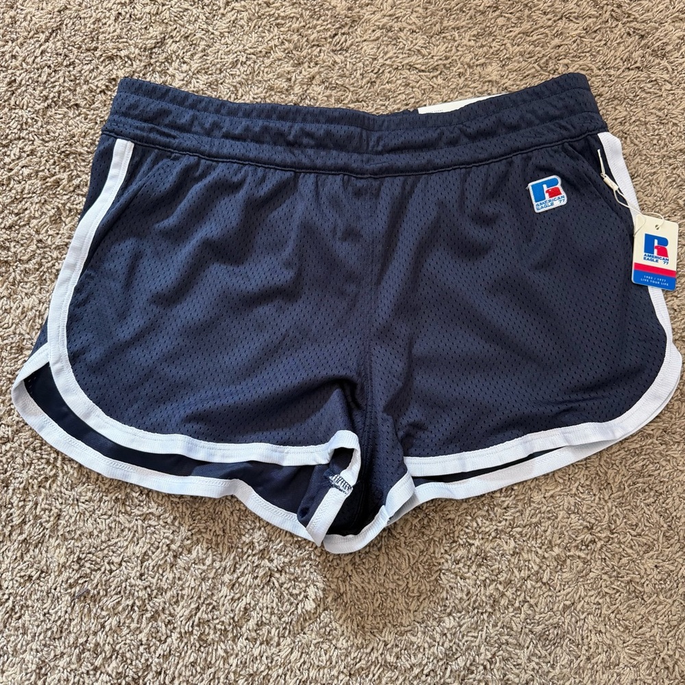 Russell Athletic x American Eagle Women's Navy Mesh Sport Shorts with White Trim